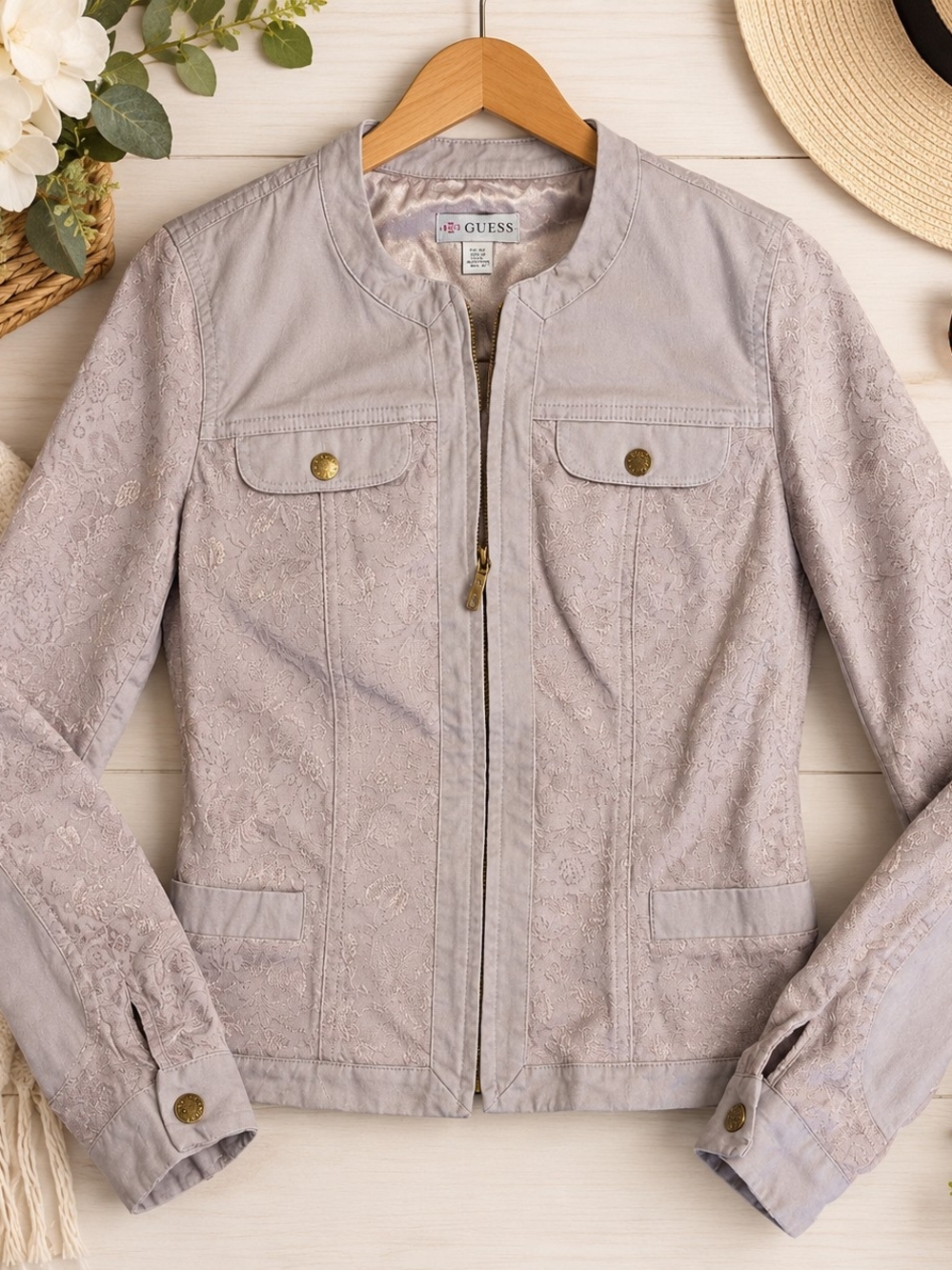 GUESS Women's Floral Jacquard Light Beige Jacket